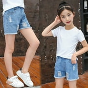 ATOGUTA Girls Stretchy Denim Shorts Ripped Ruffle Hem Elastic Waist Straight Leg Jean Shorts Blue, Size 3-12 Years
